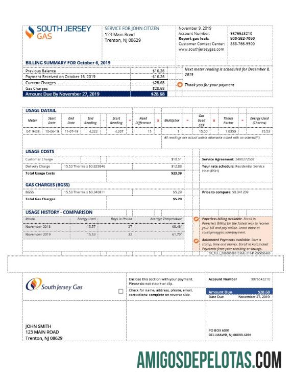 realista Modelo de conta de serviços públicos de gás dos EUA Nova Jersey em formato Word e PDF (.doc e .pdf)